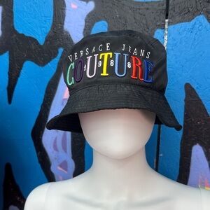 Authentic Versace Jeans Couture Rainbow Embroidered Black Bucket Hat Unisex New